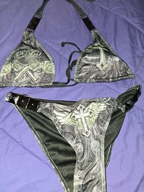 Affliction Black and Gray Studded Cross Wing Sworaswki Crystal Bikini